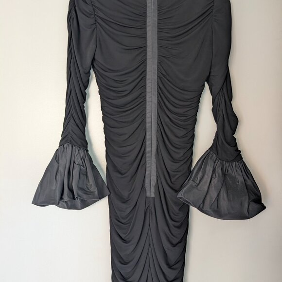 Black Ruched Statement Dress (Beaded Collar, Bell Sleeves) - Picture 5 of 6